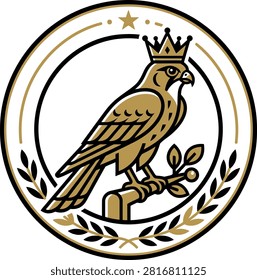 Regal falcon perched on a branch within a decorative circular emblem featuring laurel leaves