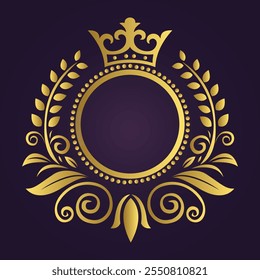 Regal gold circular emblem with crown laurel branches and scrollwork on dark purple background