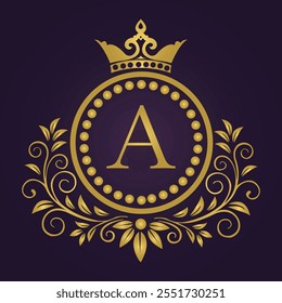 Regal Gold Emblem with Crown and Floral Motifs on Dark Purple Background .