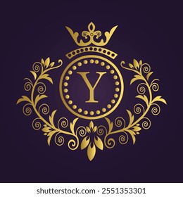 Regal Gold Emblem with Floral Motifs and Letter 'Y' on Purple Background  
