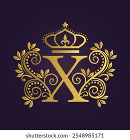 Regal Gold Letter 'X' with Crown and Floral Patterns on Purple Background