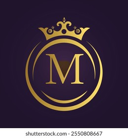 Regal Gold Monogram Logo with Crown on Purple Background 