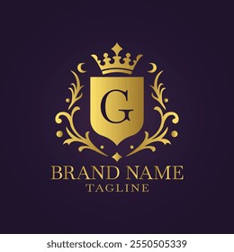 Regal gold shield logo with crown letter G and floral patterns on dark purple background in elegant style