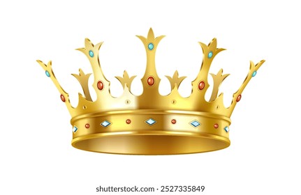 Regal golden crown with gemstones realistic vector illustration. Shining royal jewelry symbolizing authority 3d object on white background