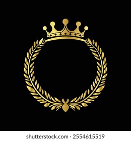 Regal Golden Laurel Wreath with Crown Digital Illustration on Black Background for Prestige Design