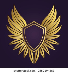 "Regal Golden Shield Emblem with Symmetrical Wings on Deep Purple Background"