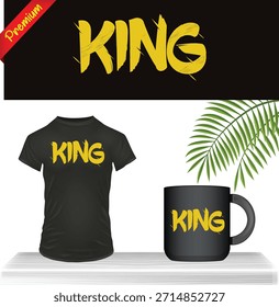 Diseño de tipografía 'Rey' real en maqueta de ropa y taza. Gráfico de Vector EPS con corona dorada y Elementos tropicales de hoja de palma. Concepto de Impresión a la carta.
