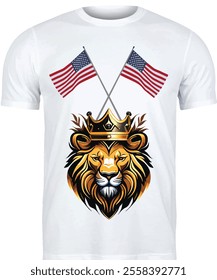 Regal lions with crossed USA flags and crowns represent strength and patriotism. They are great for the 4th of July or themed T-shirts.