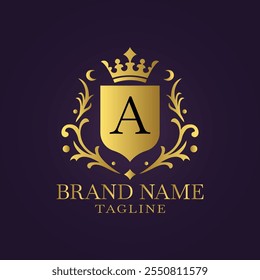 Regal logo with gold shield crown letter A and ornate flourishes on dark purple background in elegant style