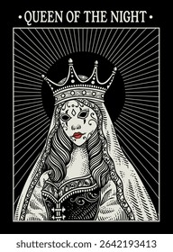 A regal masked queen with flowing hair and a royal crown stands illuminated by radiant lines in a gothic, mystical style.