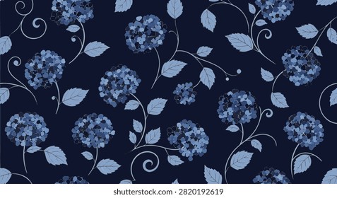 Regal navy blue hydrangea floral pattern featuring stylized light blue flower heads, delicate stems, and leaves arranged in a repeating seamless scroll design on a dark background.