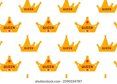 Regal pattern of golden crowns with the word Queen symbolizing power and femininity