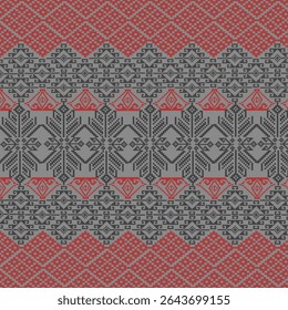 Regal Pixel Art seamless Pattern with traditional geometric motifs in bold red and black colour contrast for fabric to decorate and design