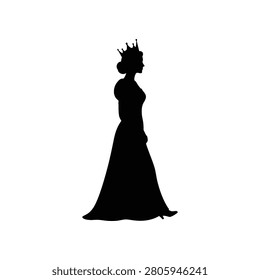A regal queen's silhouette dons an ornate crown and flowing gown symbolizing authority and sophistication. Ideal for royal celebrations leadership themes or historical narratives.