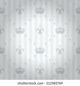 Regal seamless pattern with silver corona and royal lily ornament signs in style of fashion on retro striped vignette background with rhomb frame fill out. Design for wallpapers and textile print