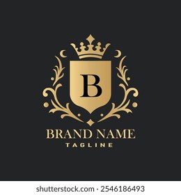 Regal shield logo with gold letter B and crown on black background for luxury branding