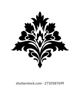 Una Ilustración vectorial simétrica real de una flor central enmarcada por hojas estilizadas, una silueta de damasco ornamental clásica.