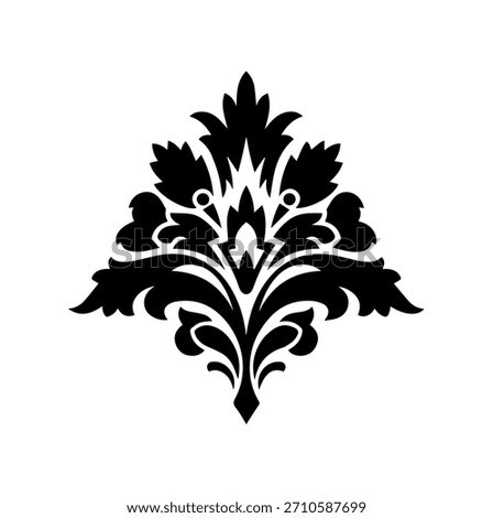 A regal symmetrical vector illustration of a central bloom framed by stylized leaves, a classic ornamental damask silhouette.