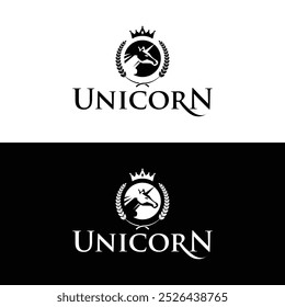 Regal Unicorn Logo Design with Crown and Laurel in Elegant Typography