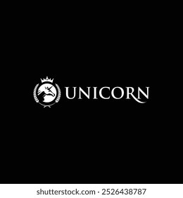 Regal Unicorn Logo Design with Crown and Laurel in Elegant Typography