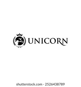 Regal Unicorn Logo Design with Crown and Laurel in Elegant Typography