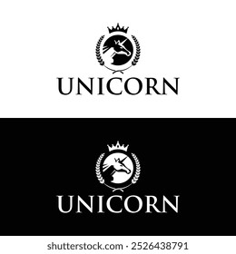 Regal Unicorn Logo Design with Crown and Laurel in Elegant Typography