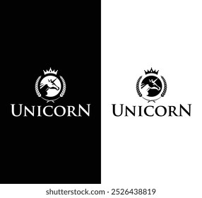 Regal Unicorn Logo Design mit Krone und Lorbeer in eleganter Typografie