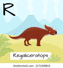 Regaliceratops dinosaur. Letter R. Children's alphabet education. Vector illustration of a prehistoric dinosaur.