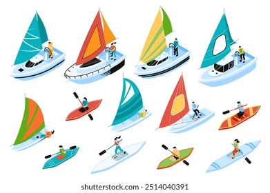 Regata 3d isométrica mega conjunto em isometria design gráfico. Elementos de coleção de diferentes tipos veleiros, barcos a motor desportivos, iates, pranchas de surf, pranchas de windsurf, outros. Ilustração vetorial.