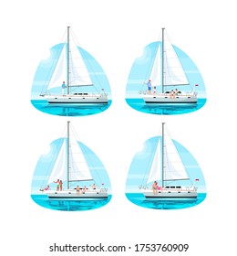 Regatta with people semi flat vector illustration set. Family relax on boat. Couple on romantic date on private ship. Multicultural group on trip. Vacation 2D cartoon characters for commercial use