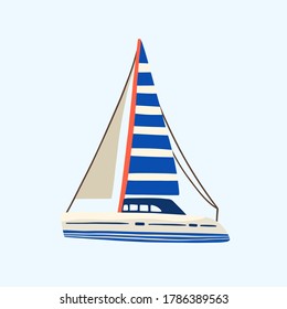 Regatta, yacht or sea sailboat sailing in the sea or ocean with minimalistic striped sail. Vacation or maritime. Flat vector cartoon simple illustration isolated on blue background