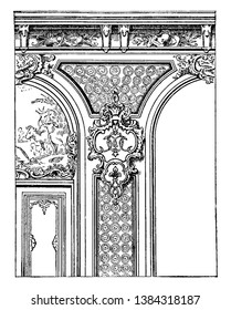 Regency Style is history of the fine arts in France in classical buildings built in Britain during the Regency era in the early 19th century, vintage line drawing or engraving illustration.