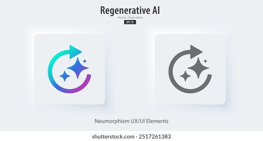 Regenerate AI icon, 3D buttons with icon symbols. Revise and edit work. Enter command text to generate ideas, Neumorphism style, UI UX design for app and web, Vector illustration.