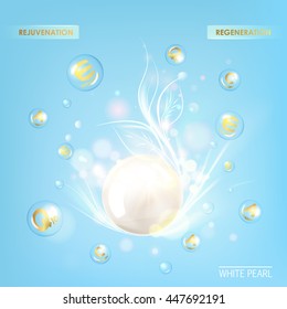 Regenerate cream and Vitamin Background of Concept Skin Care Cosmetic. Vitamin E drop with white sphere. Beauty treatment nutrition skin care design. Vector illustration.