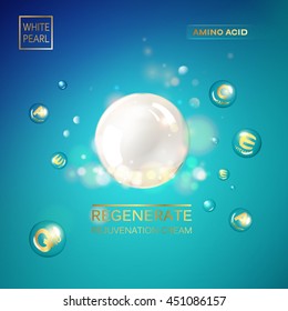 Regenerate cream and Vitamin Background of Concept Skin Care Cosmetic. Vitamin E drop with white sphere. Beauty treatment nutrition skin care design. Vector illustration.