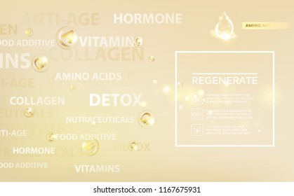 Regenerate cream and Vitamin Label. Concept Skin Care Cosmetic. Sphere bubbles with vitamin letters over the golden background. Vector illustration.