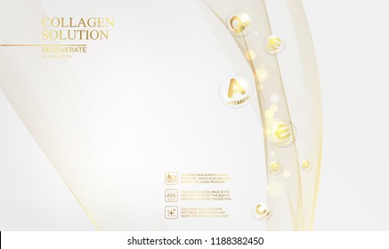 Regenerate face cream and Vitamin complex concept. Shining golden essence droplet. Vitamin E drop in form of sphere. Beauty skin care design over golden backdrop. Vector illustration.