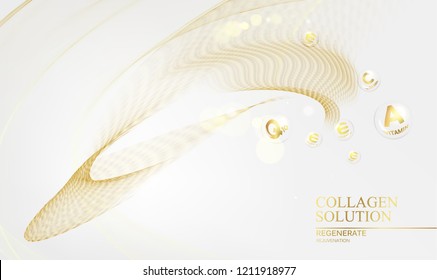 Regenerate face cream and Vitamin complex concept. Shining golden essence droplet. Vitamin E drop in form of sphere. Beauty skin care design over golden backdrop. Vector illustration.