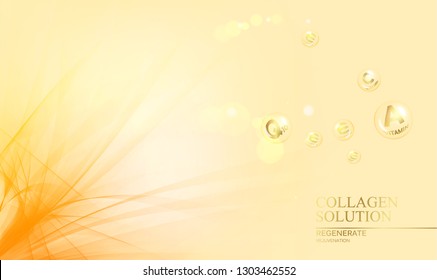 Regenerate face cream and Vitamin complex concept. Shining golden essence droplet. Vitamin E drop in form of sphere. Beauty skin care design over orange backdrop. Vector illustration.