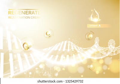 Regenerate face cream and Vitamin complex concept. Shining golden dna concept. Vitamin E drop in form of sphere. Beauty skin care design over golden backdrop. Vector illustration.