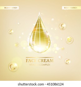 Regenerate face cream and Vitamin complex concept. Shining golden essence droplet. Vitamin E drop in form of sphere. Beauty skin care design over golden backdrop. Vector illustration.