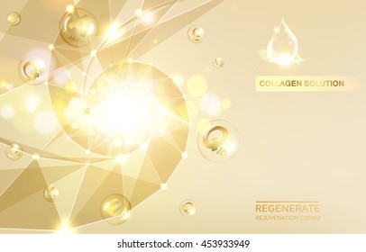 Regenerate face cream and Vitamin complex concept. Shining golden essence droplet. Vitamin E drop in form of sphere. Beauty skin care design over golden backdrop. Vector illustration.