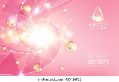 Regenerate face cream and Vitamin complex concept. Shining golden essence droplet. Vitamin E drop in form of sphere. Beauty skin care design over pink backdrop. Vector illustration.