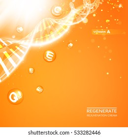 Regenerate face cream and Vitamin complex concept. Shining orange essence droplet. Vitamin E drop in form of sphere. Beauty skin care design over orange background. Vector illustration.