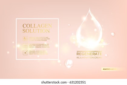 Regenerate face cream and Vitamin complex concept. Shining essence droplet. Vitamin E drop in form of sphere. Beauty skin care design over pink backdrop. Vector illustration.