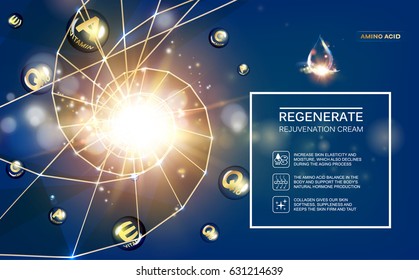 Regenerate face cream and Vitamin complex concept. Shining golden essence droplet. Vitamin E drop in form of sphere. Beauty skin care design over blue and golden backdrop. Vector illustration.