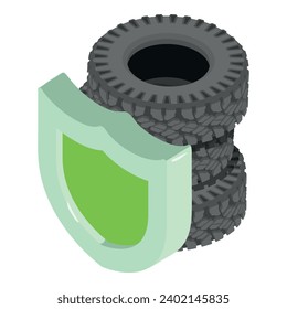 Vector isométrico del icono del neumático regenerado. Un viejo neumático de coche desgastado e icono del escudo verde. Símbolo de protección, concepto de reutilización