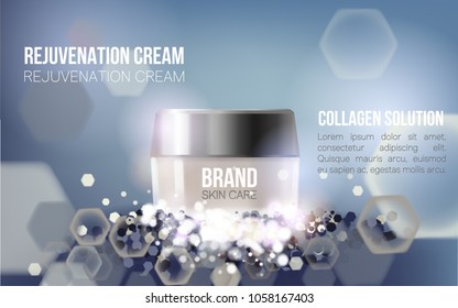 Regeneration cream. Coenzyme Q10. Collagen Serum and Vitamin Background Concept Skin Care Cosmetic.Container mockup, cosmetic bottle package,bank.Elegant Background.Vector illustration