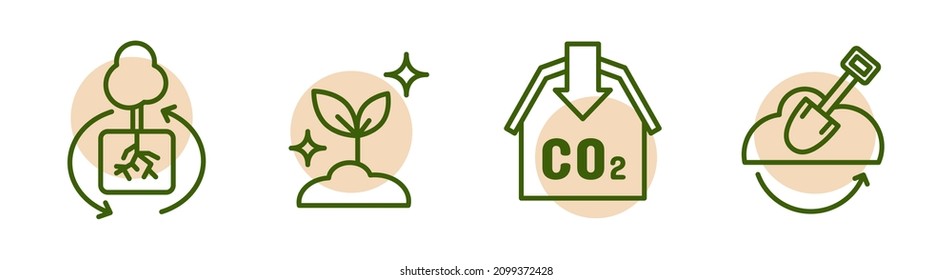 Regenerative agriculture farming icon set, responsible ecological farm concept, soil health and nature friendly, isolated on white background.