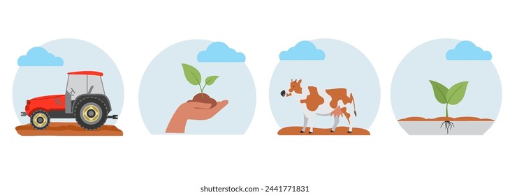 Regenerative agriculture farming icon set, responsible ecological farm concept, soil health and nature friendly. Minimize soil disturbance, integrate livestock, maintain living root. Vector